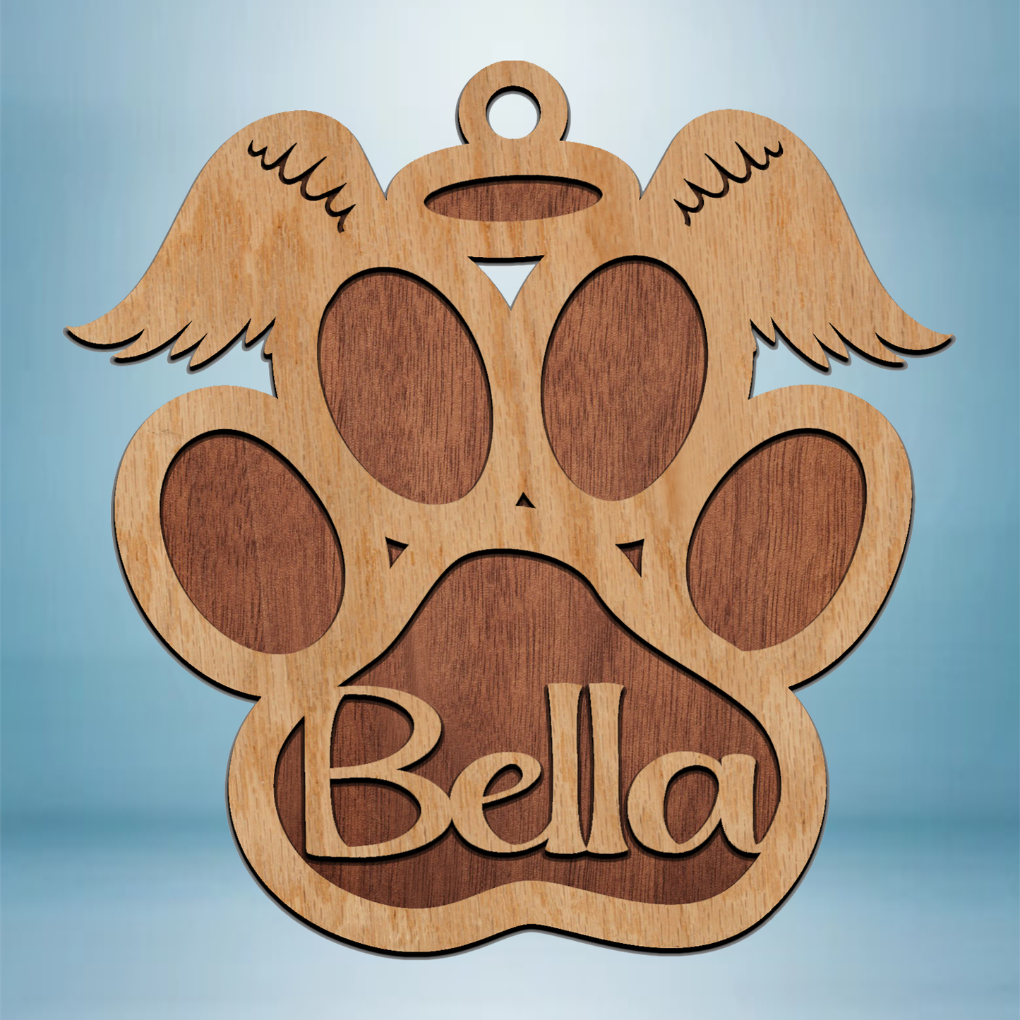 Laser cut memorial pet paw print ornament with wings and custom name