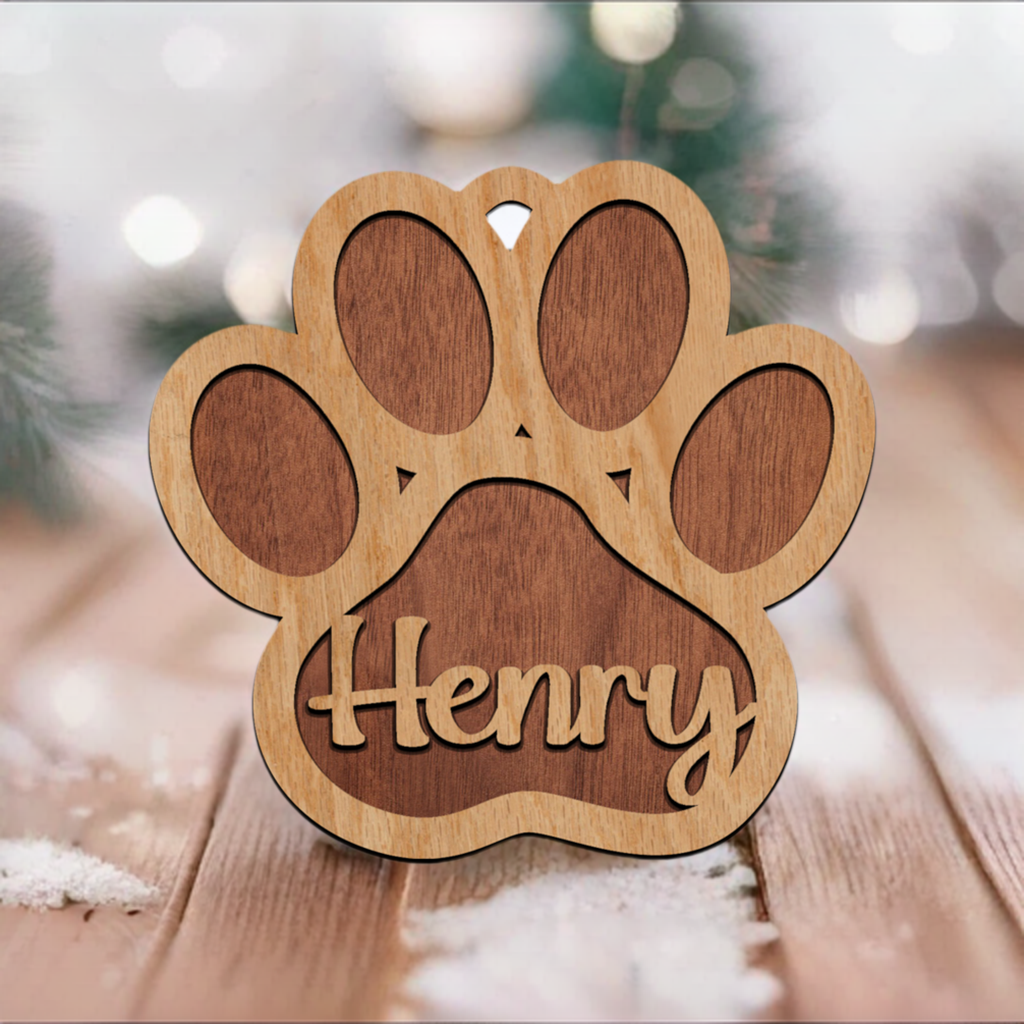 Laser cut pet paw print with custom name