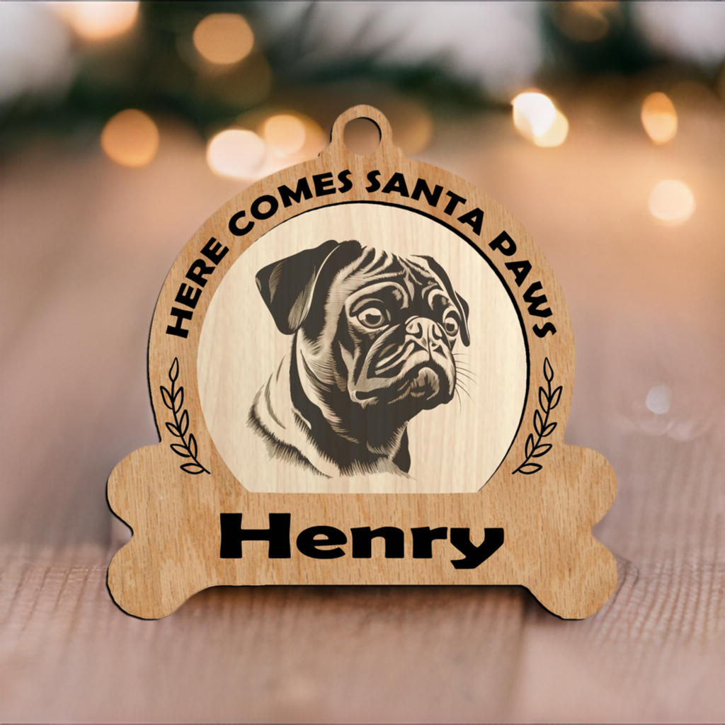 Pug dog breed pet paw ornament with dog bone and custom name