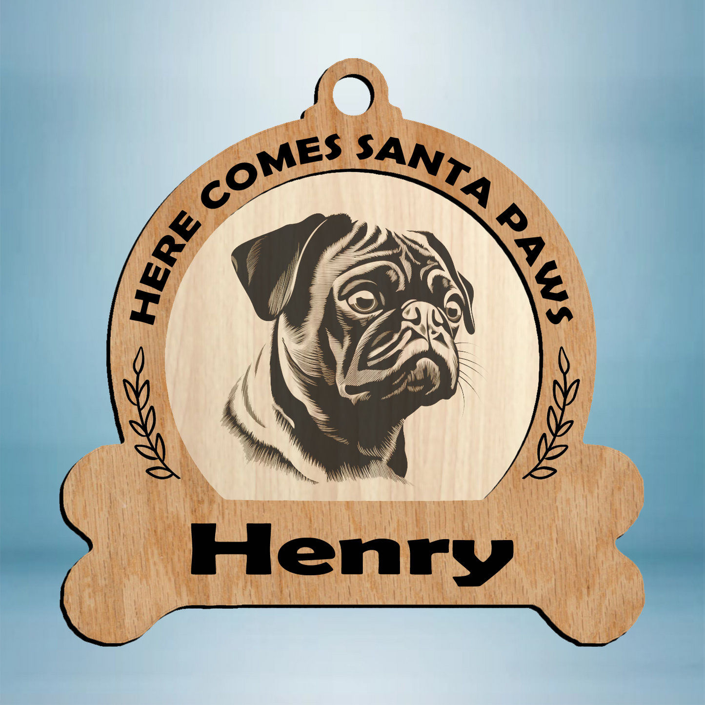 Pug dog breed pet paw print with custom name and dog bone