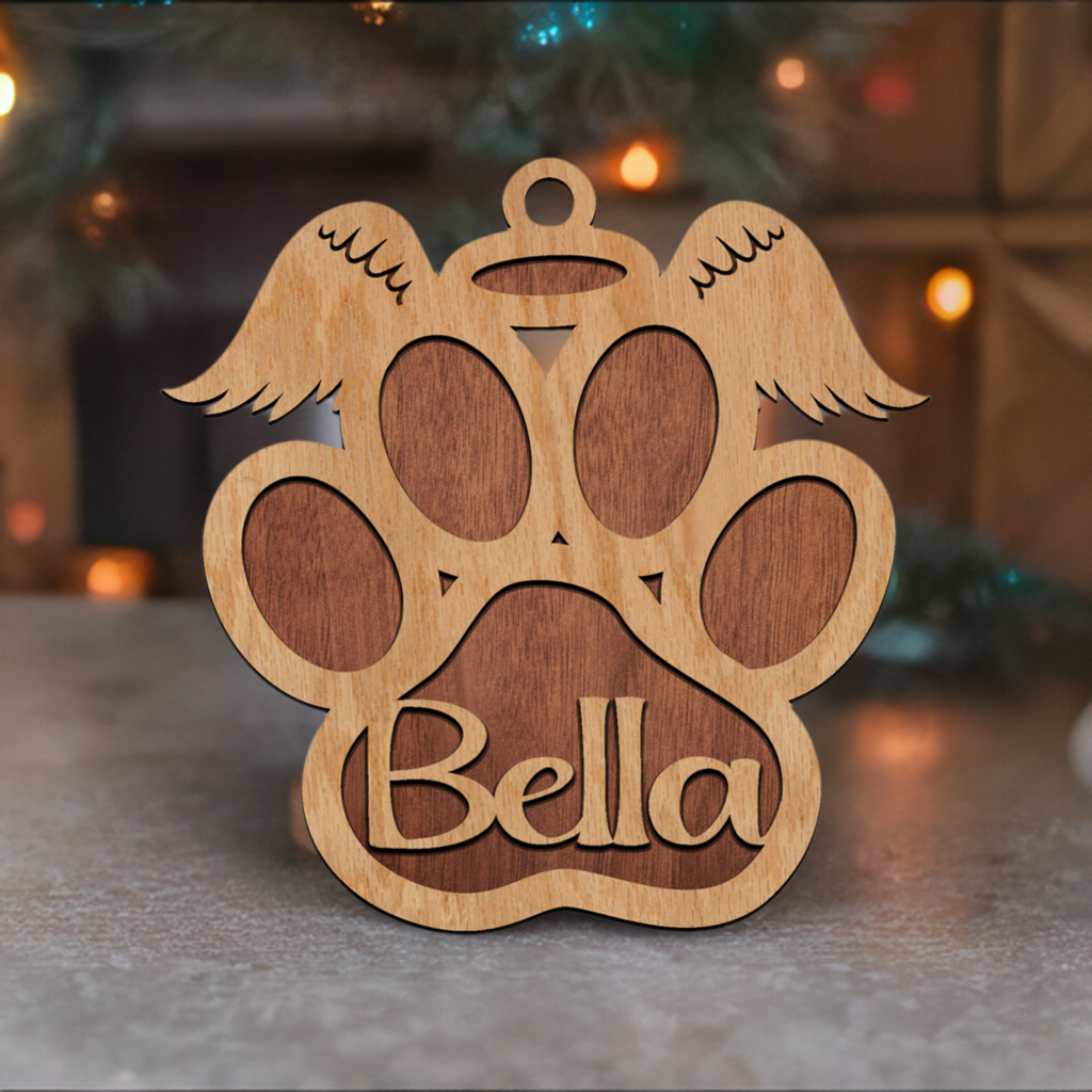 Laser cut memorial pet paw print ornament with wings and custom name